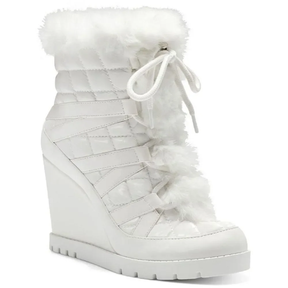 Jessica Simpson Womens Brixel White Faux Fur Ankle Wedge Boots Shoes NWT